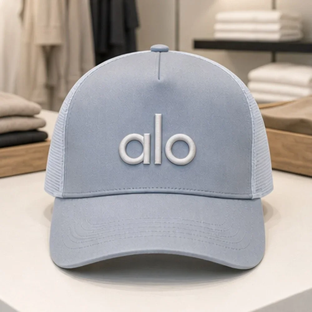 ALO Yoga Mist Blue Gray Studio Mesh Trucker Cap Hat Sporty